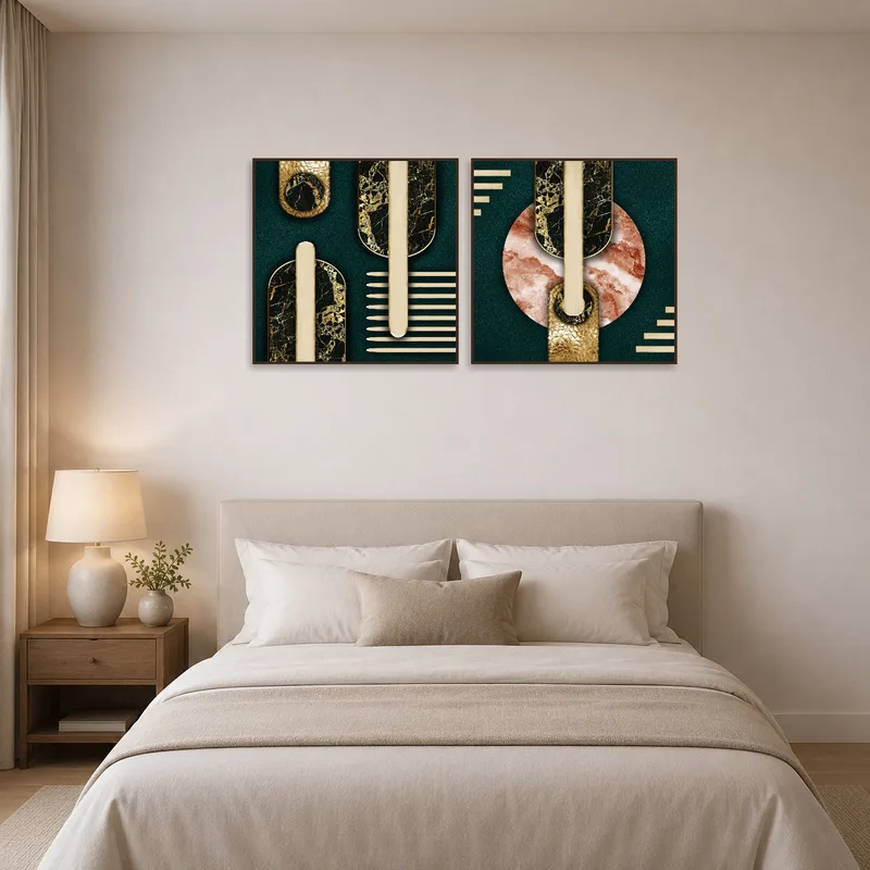 Classy geometric art duo complements a bedroom setting.
