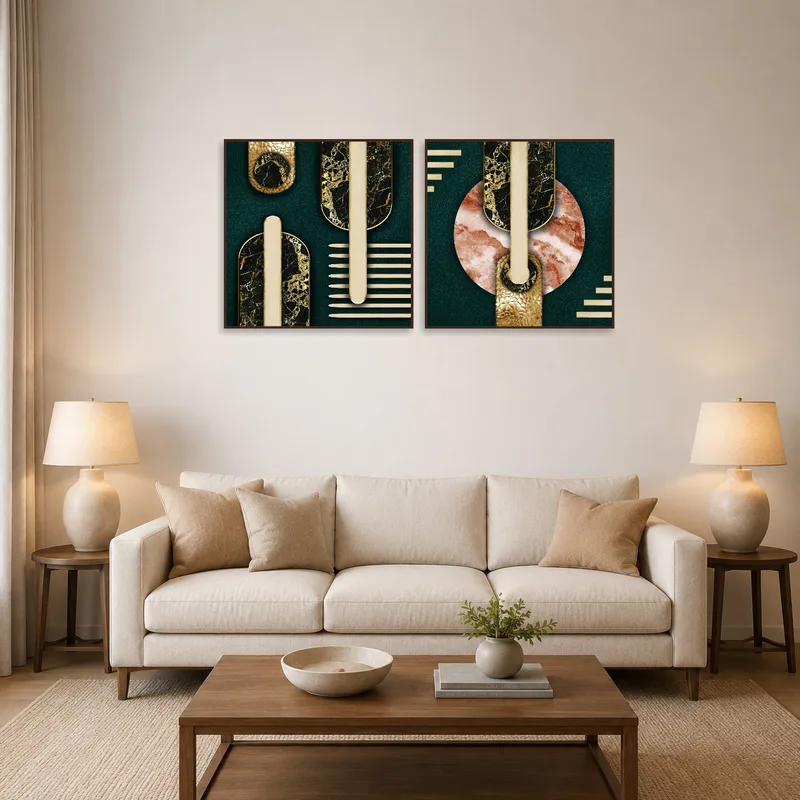 Sophisticated geometric art duo above a modern living-room sofa.