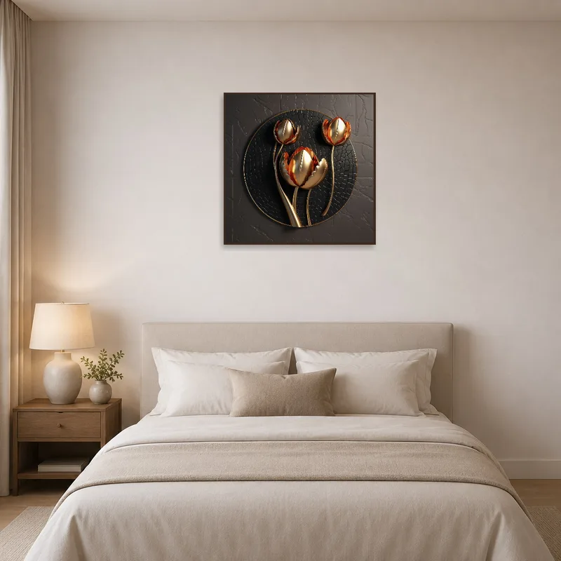 Bedroom adorned with elegant metallic floral tulip wall art.