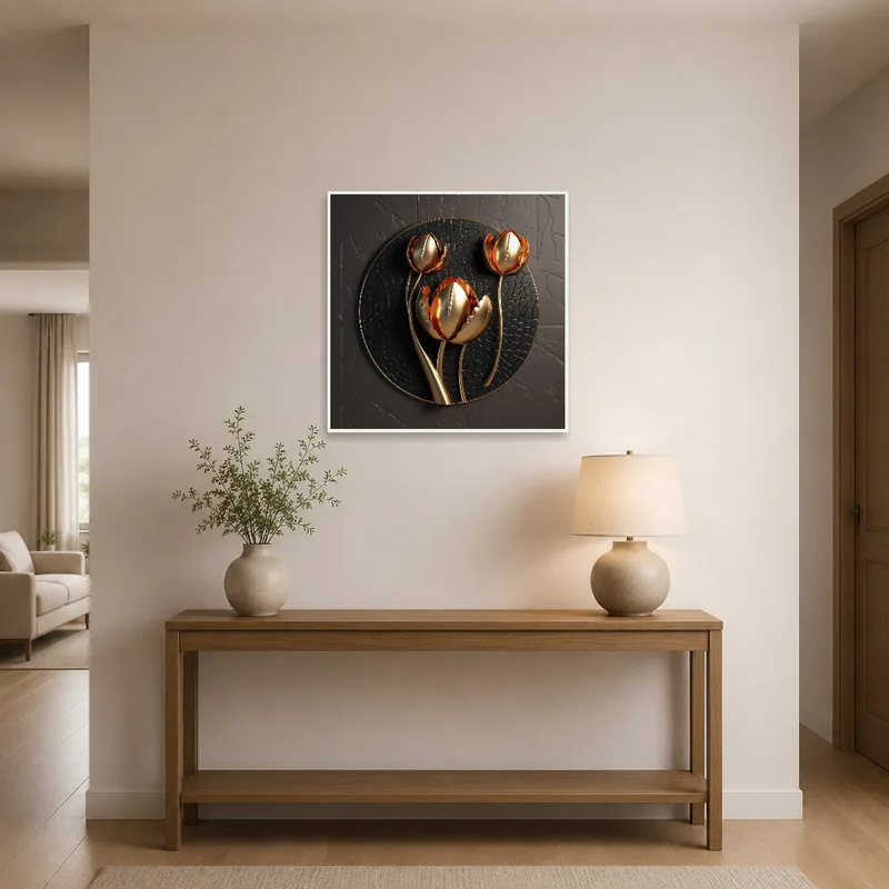Tulip-themed metallic floral artwork enhancing an entrance hall.