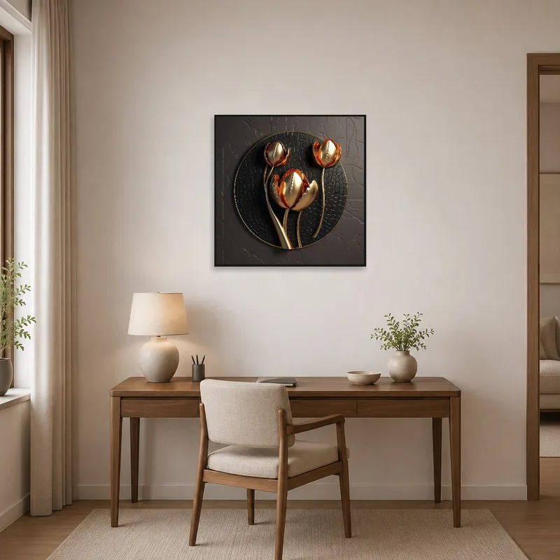Sophisticated home office showcasing a tulip motif metallic piece.