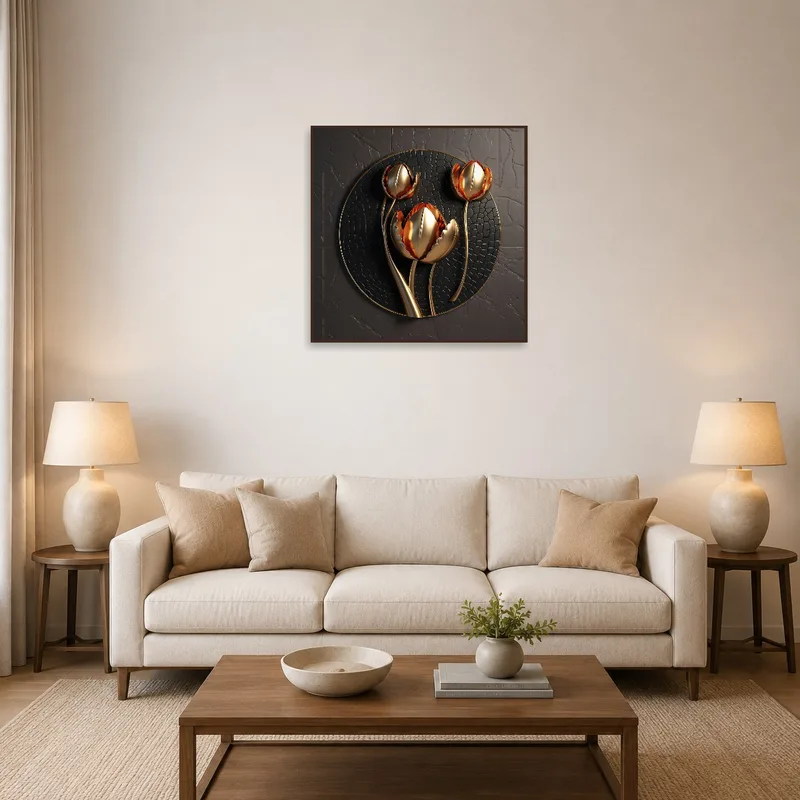 Elegant metallic floral wall art with tulip motif in a stylish living room setup.
