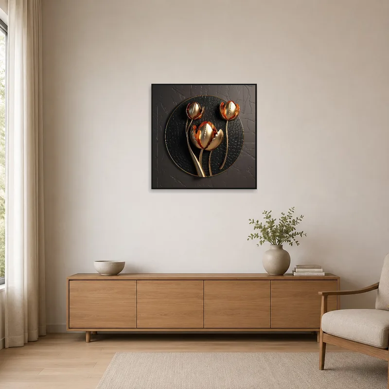 Minimalist room featuring a tulip motif metallic design on the wall.