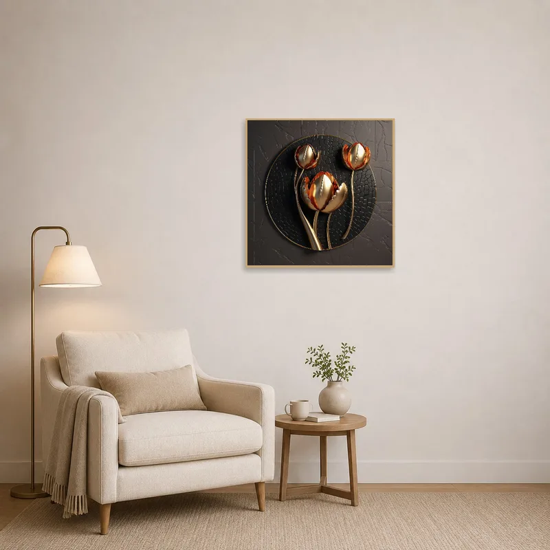 Serene reading corner complemented by metallic tulip art.