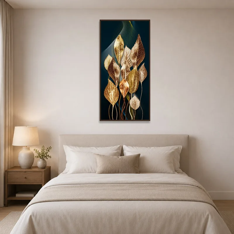 Elegant Metallic Leaves artwork enhancing a serene bedroom ambiance.
