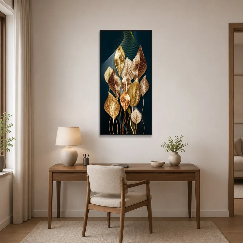Sophisticated Metallic Leaves artwork on display in a productive home office.