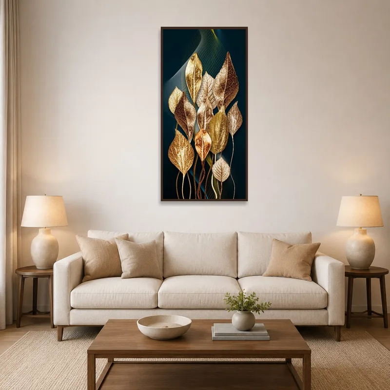 Elegant Metallic Leaves artwork above a cozy sofa with warm lighting.