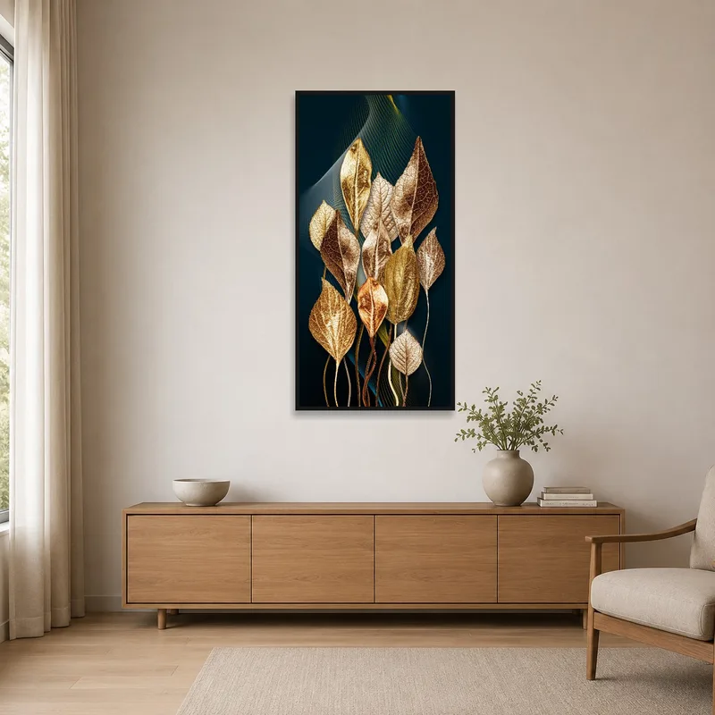 Metallic Leaves abstract art on a white wall in a minimalist setting.