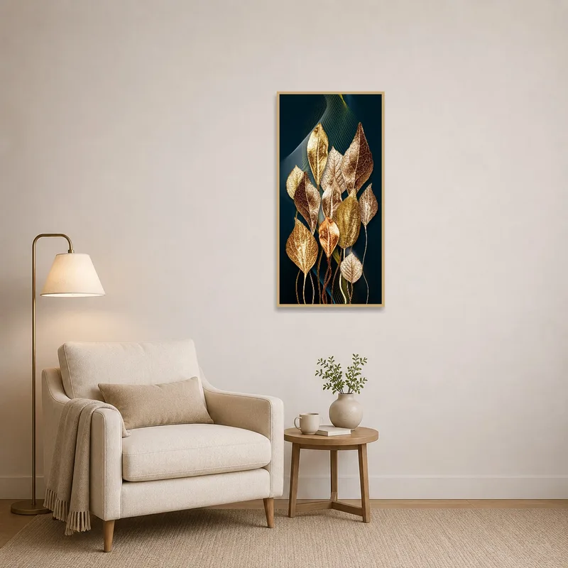 Metallic Leaves artwork adding elegance to a cozy reading nook.