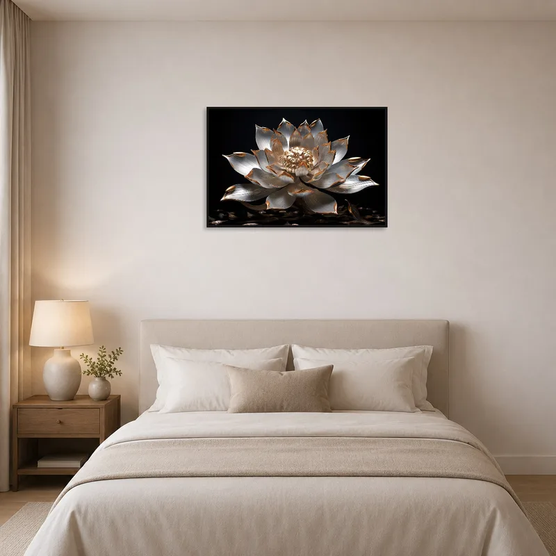 Gleaming lotus piece creates a serene atmosphere in the bedroom.