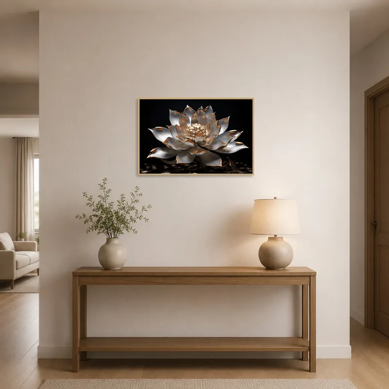 Metallic lotus with gold accents greets in a stylish entrance hall.