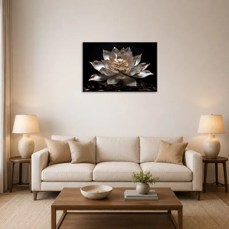 Gold-accented metallic lotus artwork enhances a modern living room wall.