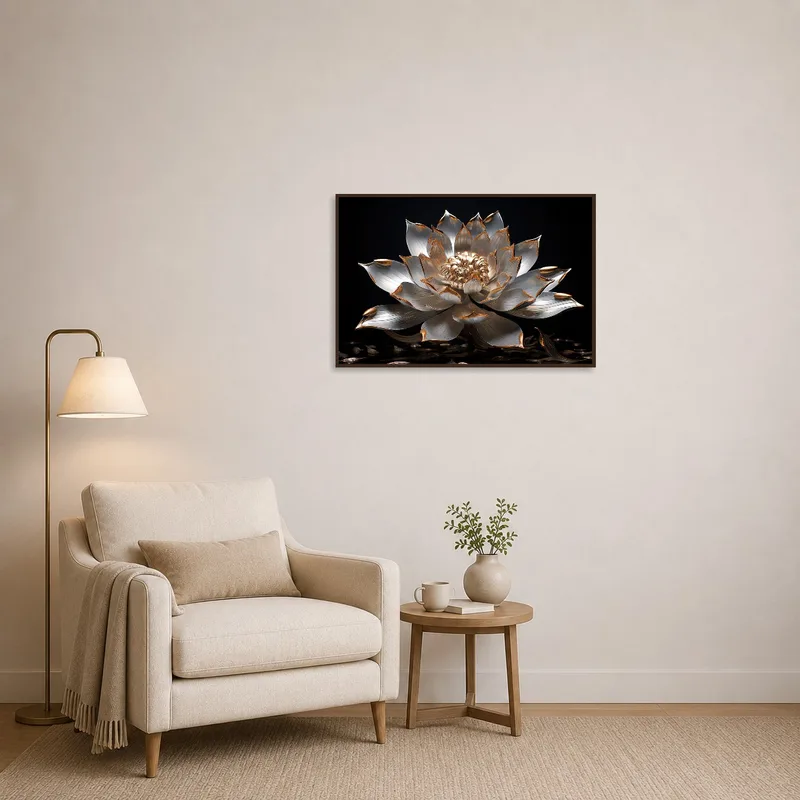Lotus artwork adds sophistication to a cozy reading corner.