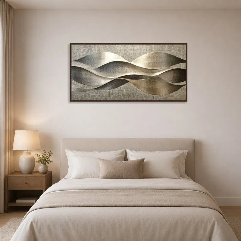 Elegant Metallic Waveform Abstract Art Print creating a tranquil ambiance in a serene bedroom setting.