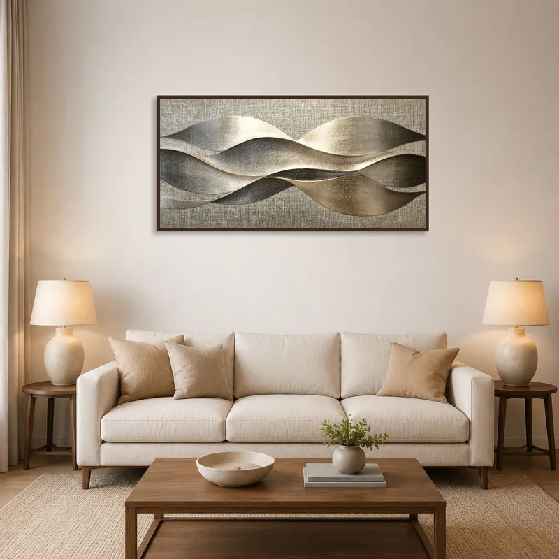 Elegant Metallic Waveform Abstract Art Print in a modern living-room over a neutral-toned sofa.