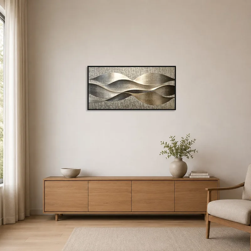 Elegant Metallic Waveform Abstract Art Print adding interest to a minimalist room with sparse furniture.