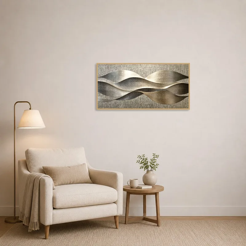 Elegant Metallic Waveform Abstract Art Print in a cozy reading-corner with a comfortable chair and lamp.