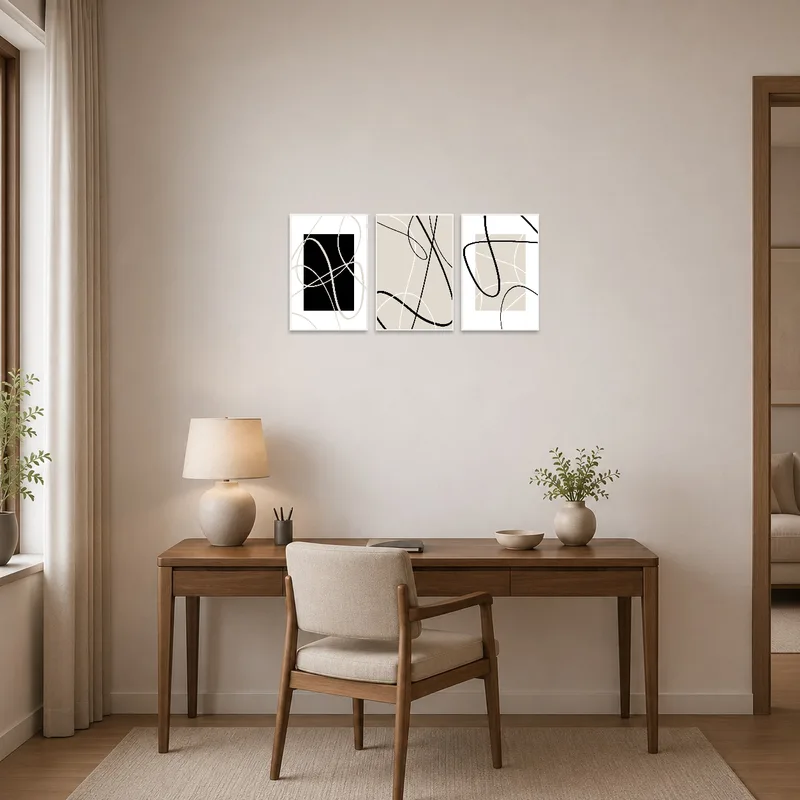 Elegant minimalist abstract line art triptych above a tidy desk in a modern home office.