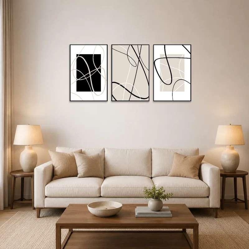 Elegant minimalist abstract line art triptych on a living room wall above a modern sofa.