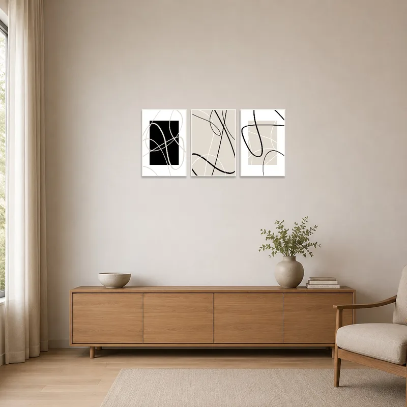 Elegant minimalist abstract line art triptych in a sparsely furnished room with neutral tones.
