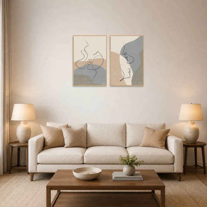 Line art of profiles adds sophistication to the living room wall.