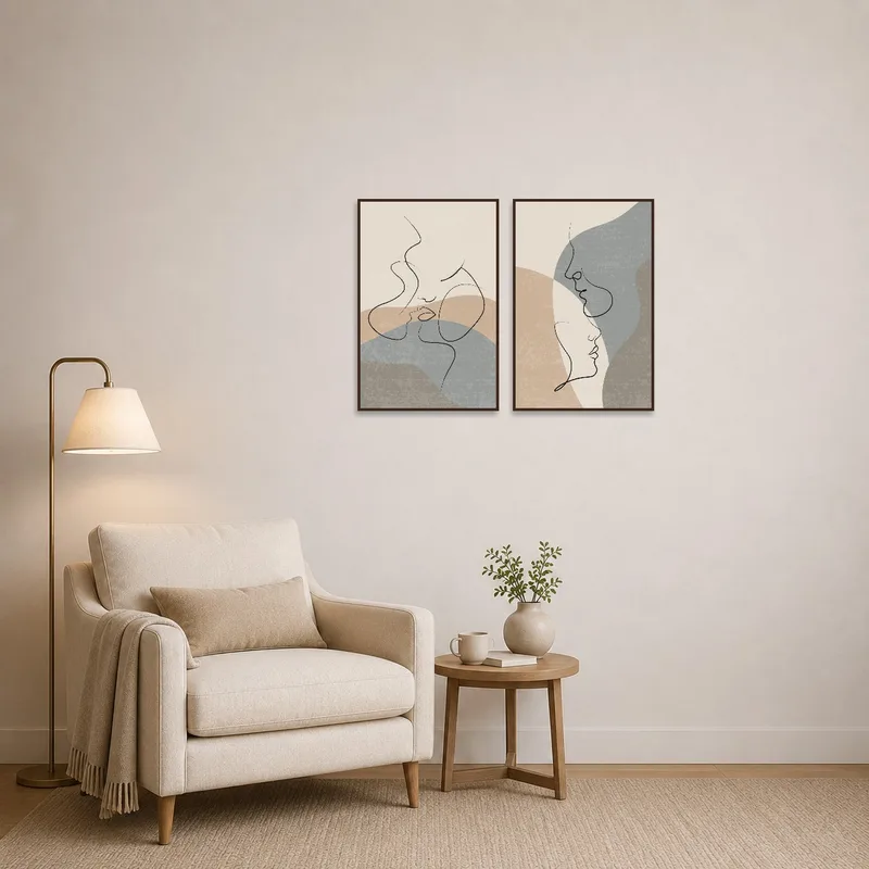 Line art profiles add a touch of elegance to the reading corner.