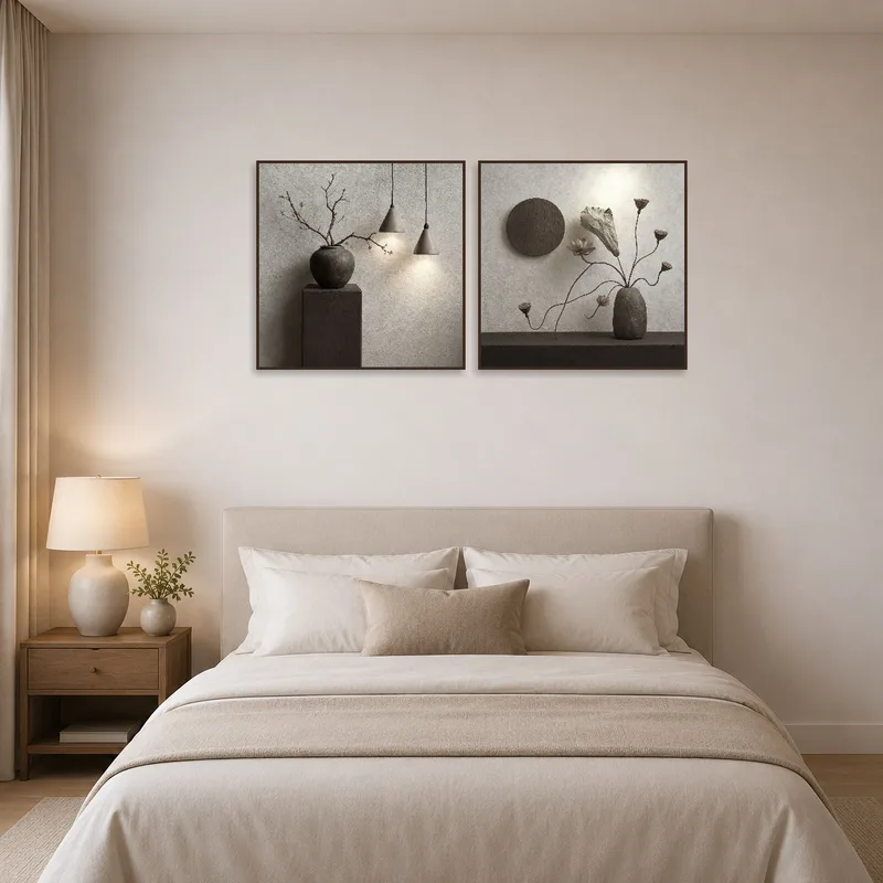 Elegant minimalist still life art set enhancing a peaceful bedroom ambiance.