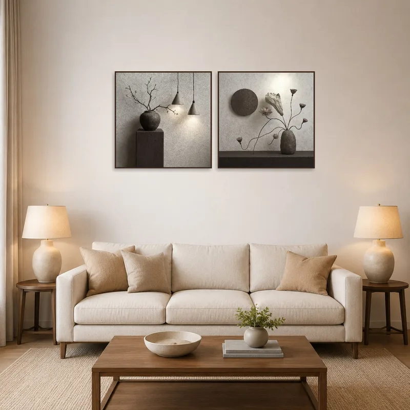 Elegant minimalist still life art set above a modern sofa in a cozy living room.