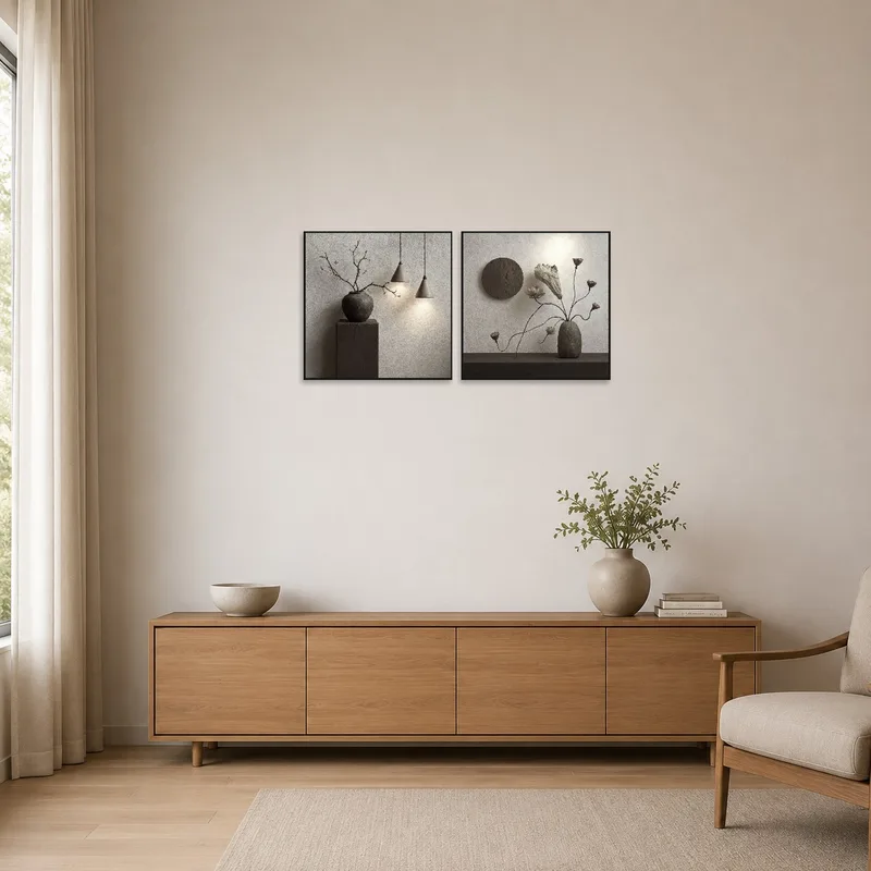 Elegant minimalist still life art set in a sleek, uncluttered minimalist room.