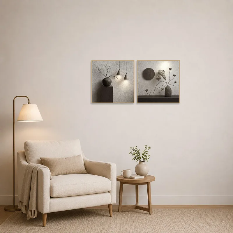 Elegant minimalist still life art set creating a serene atmosphere in a comfy reading corner.