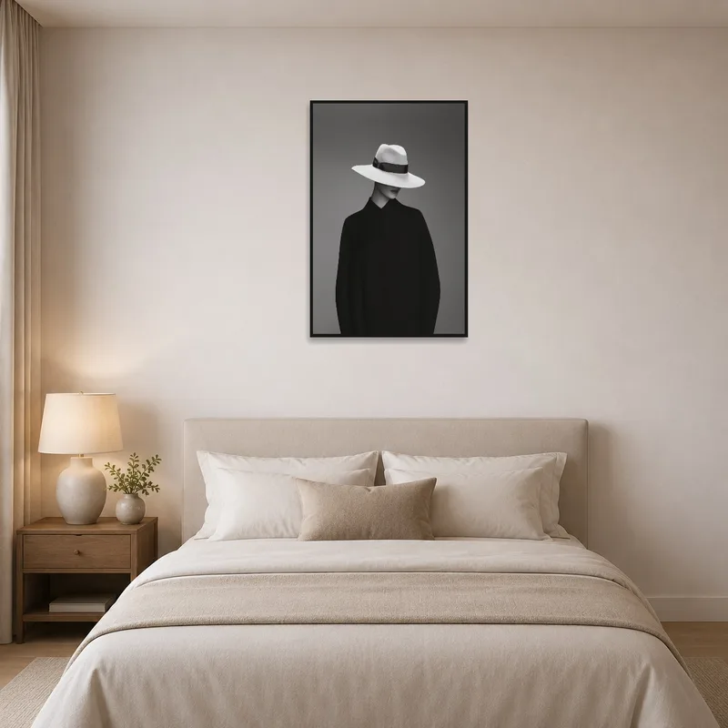 Bedroom wall showcasing an elegant monochrome lady with a hat.