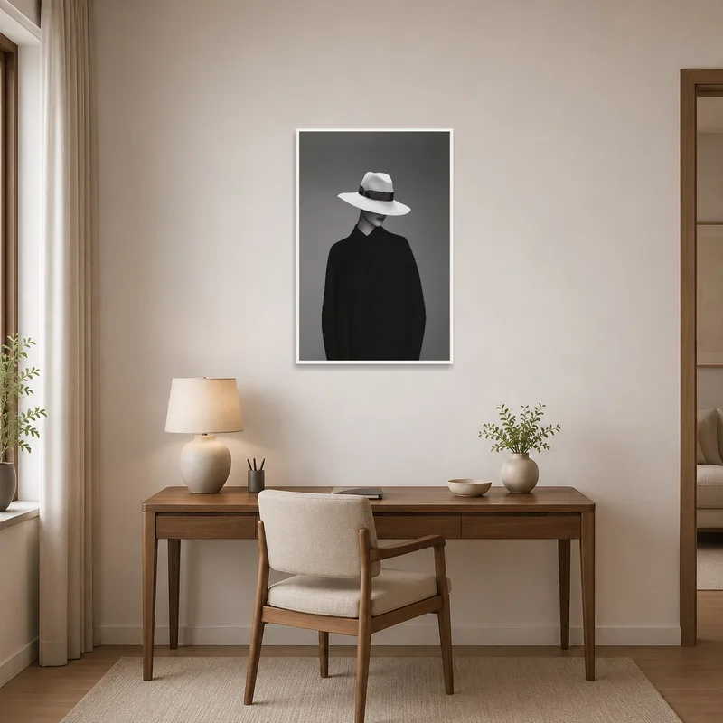 Home office art piece of a sophisticated woman wearing a hat in monochrome.
