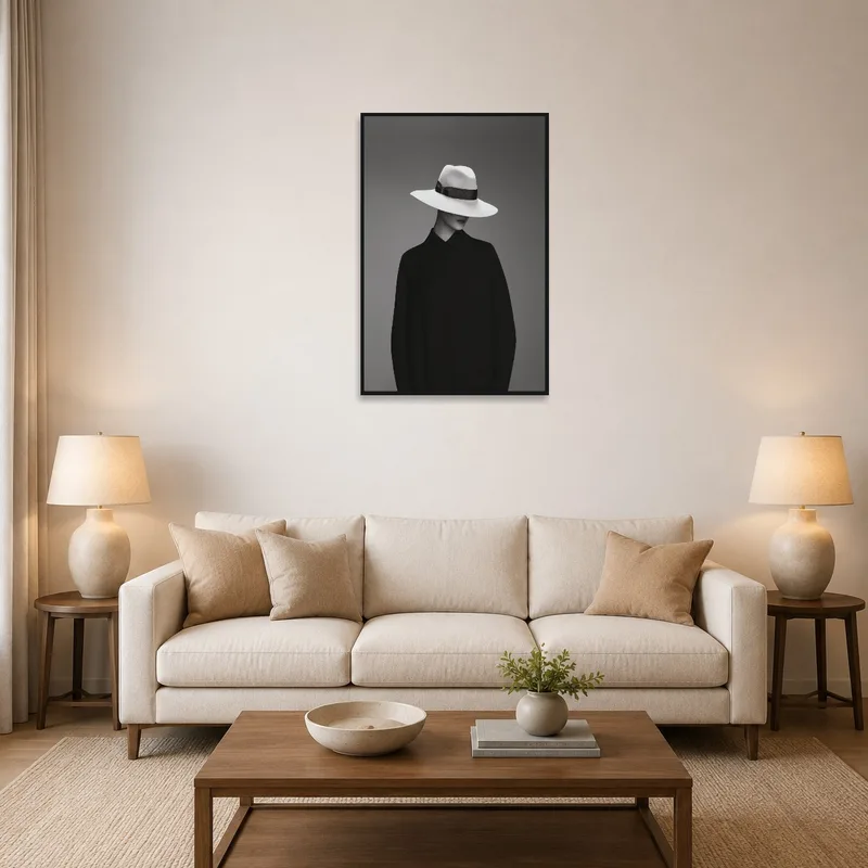 Living room with a monochrome artwork of a woman wearing a hat on the wall.