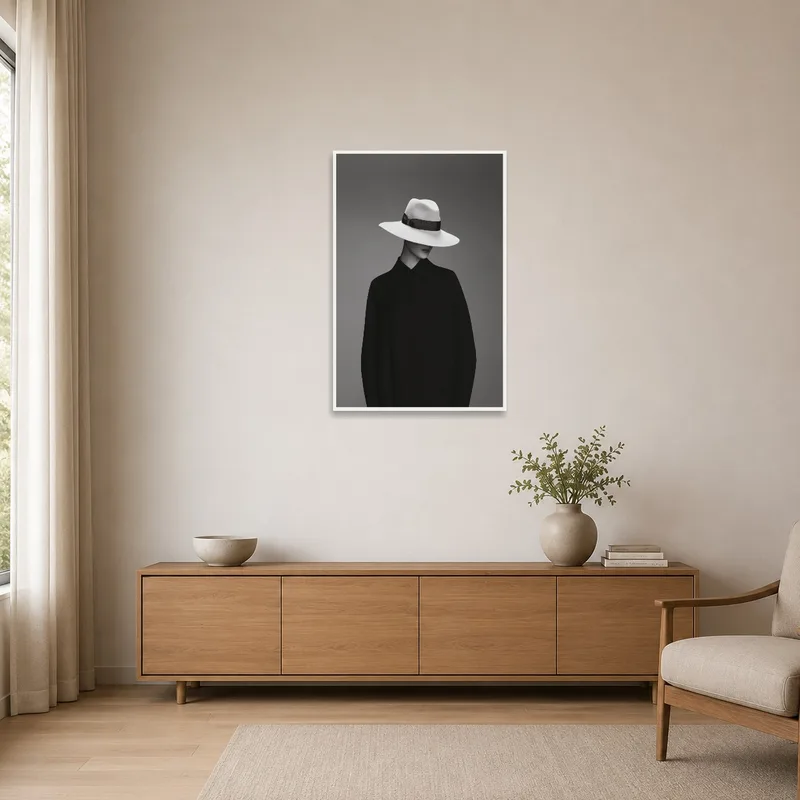 Minimalist space displaying a woman in a hat in black and white tones.