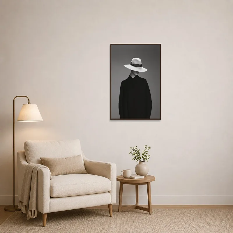 Reading corner adorned with a subtle black and white image of a woman in a hat.