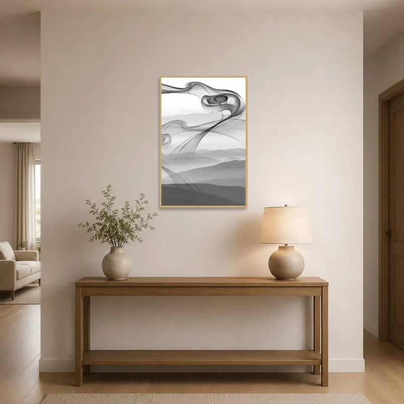 Elegant misty mountain art in a welcoming entrance hall.