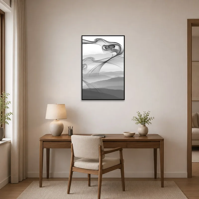 Inspiring misty mountain art in a productive home office.