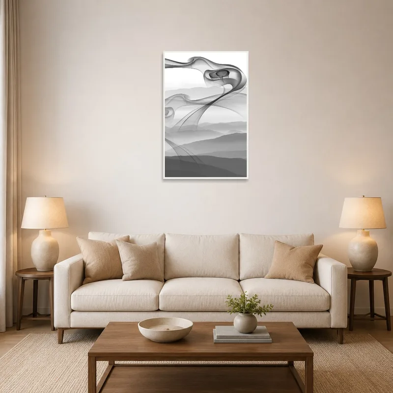 Misty mountains artwork above a cozy living room sofa.