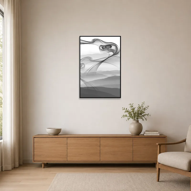 Abstract overlay mountain scene in a minimalist setting.