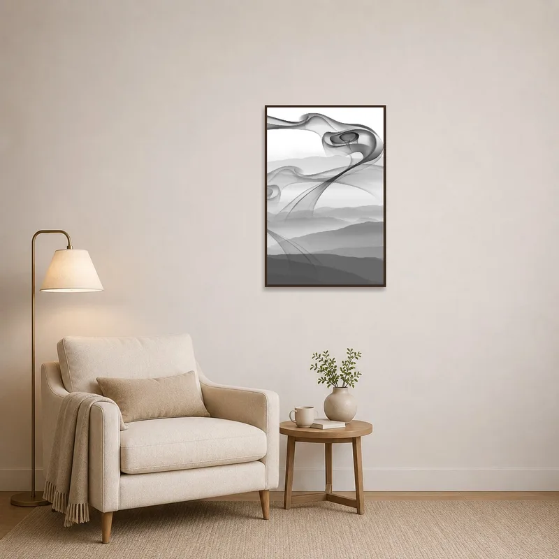 Stylish mountain scene sets a calm vibe in the reading corner.