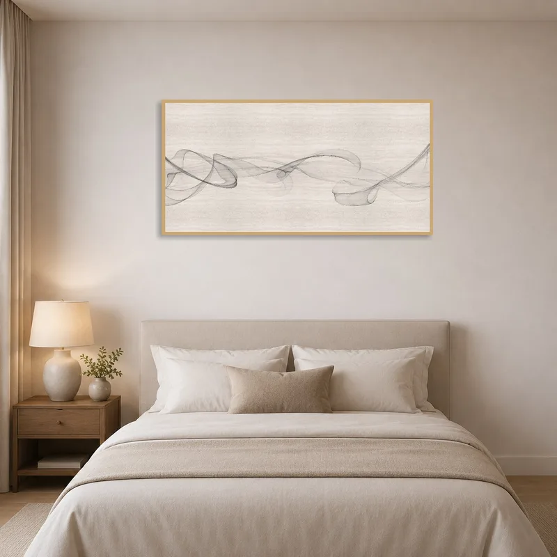 Elegant wave artwork bringing calmness to bedroom ambience.