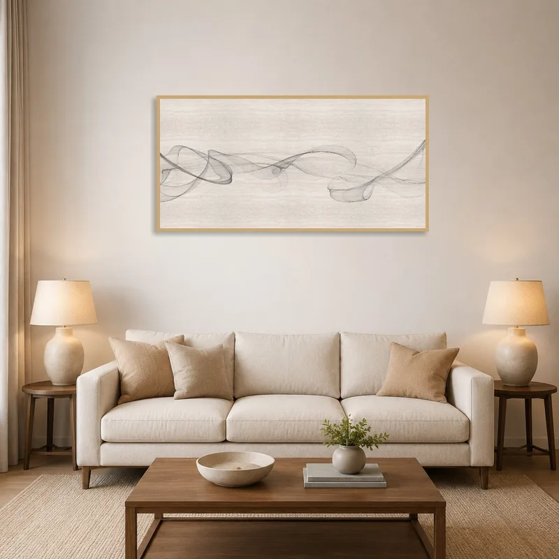Monochrome abstract wave art on living room wall above sleek modern sofa.