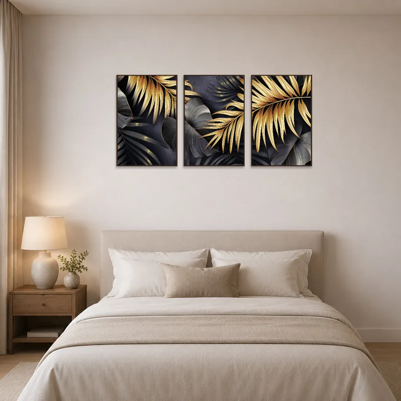 Classy botanical gold leaf triptych creating a serene ambiance in the bedroom.