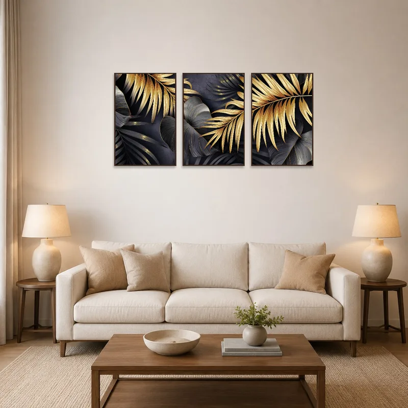 Triptych of botanical gold leaf art enhancing a chic living room with neutral tones.