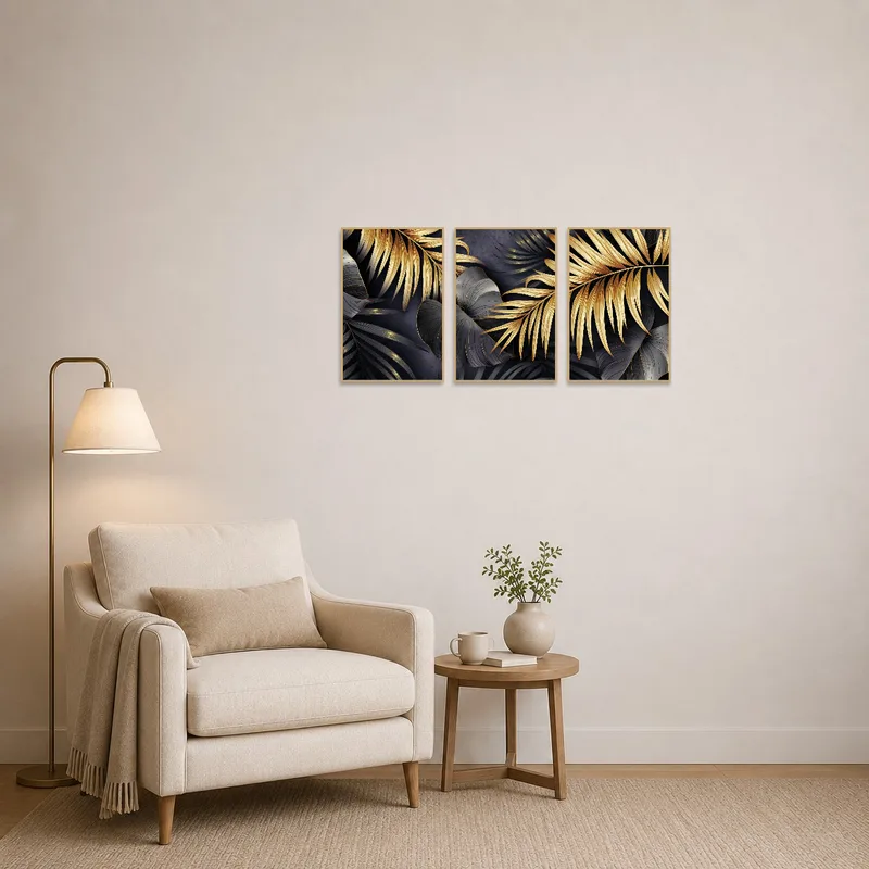 Elegant botanical gold leaf triptych adding charm to a cozy reading corner.