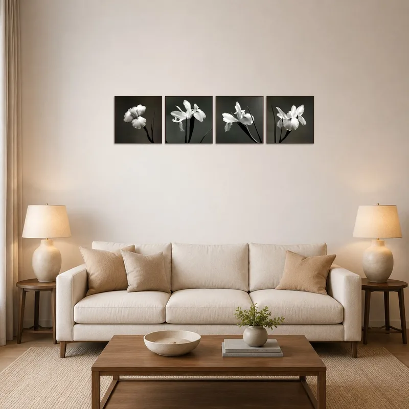 Monochrome iris art in a cozy living room above a modern sofa.