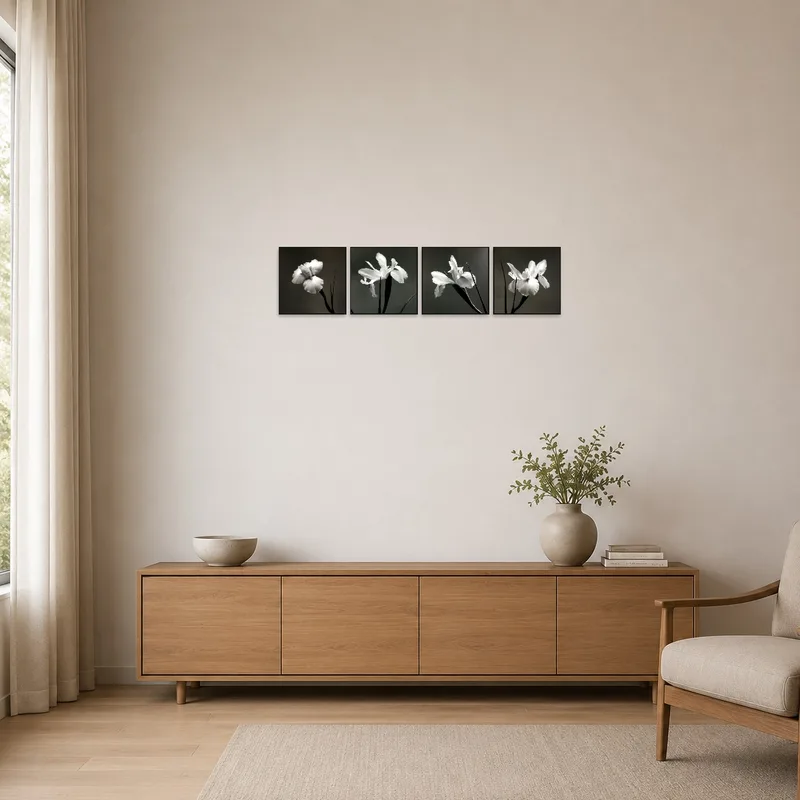 Iris artwork in a sleek minimalist setting with clean lines.