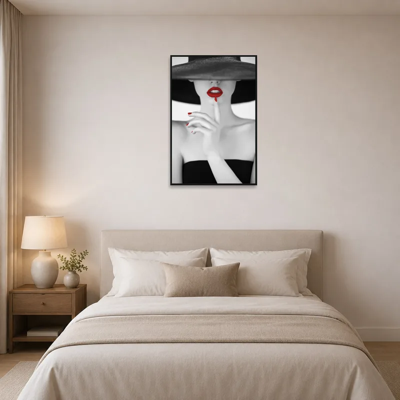 Bedroom scene with an elegant monochrome portrait featuring red details.