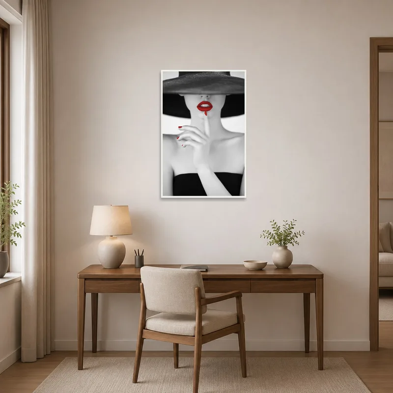 Home office displaying a sleek monochrome portrait with red accents.