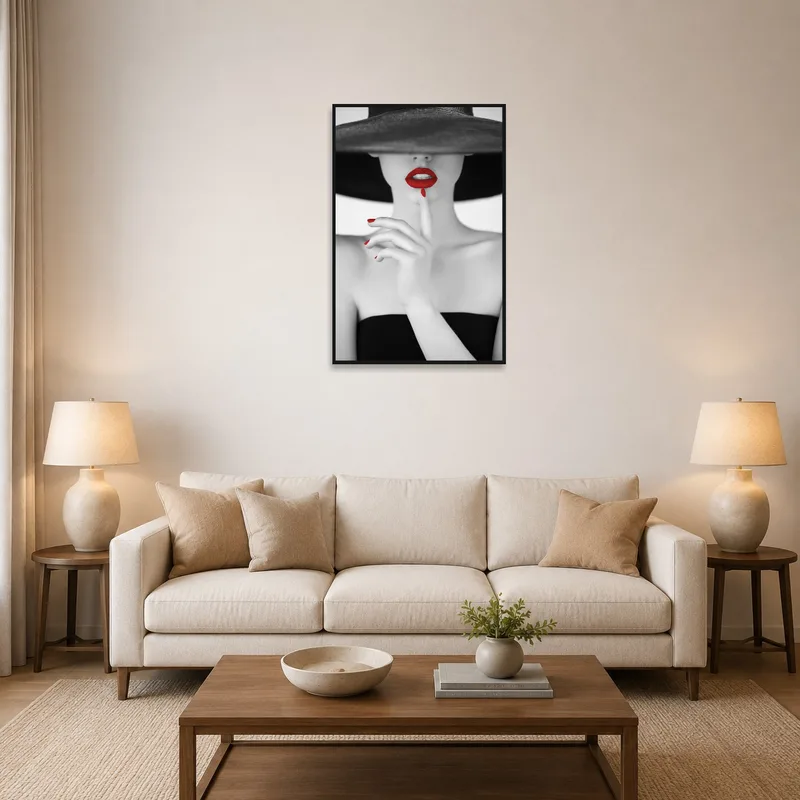 Elegant portrait with red accents in a living room setting.